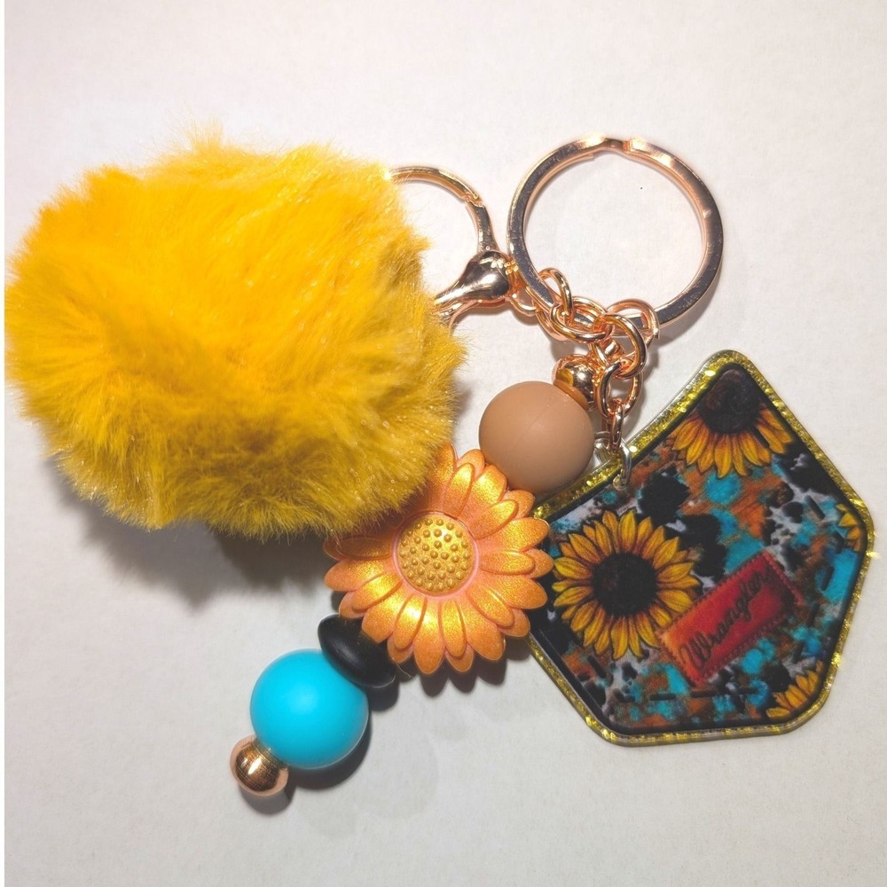 Wrangler Keychain Womens OS Yellow Good Sunflower Cow Print Pom Pom Bead Charm